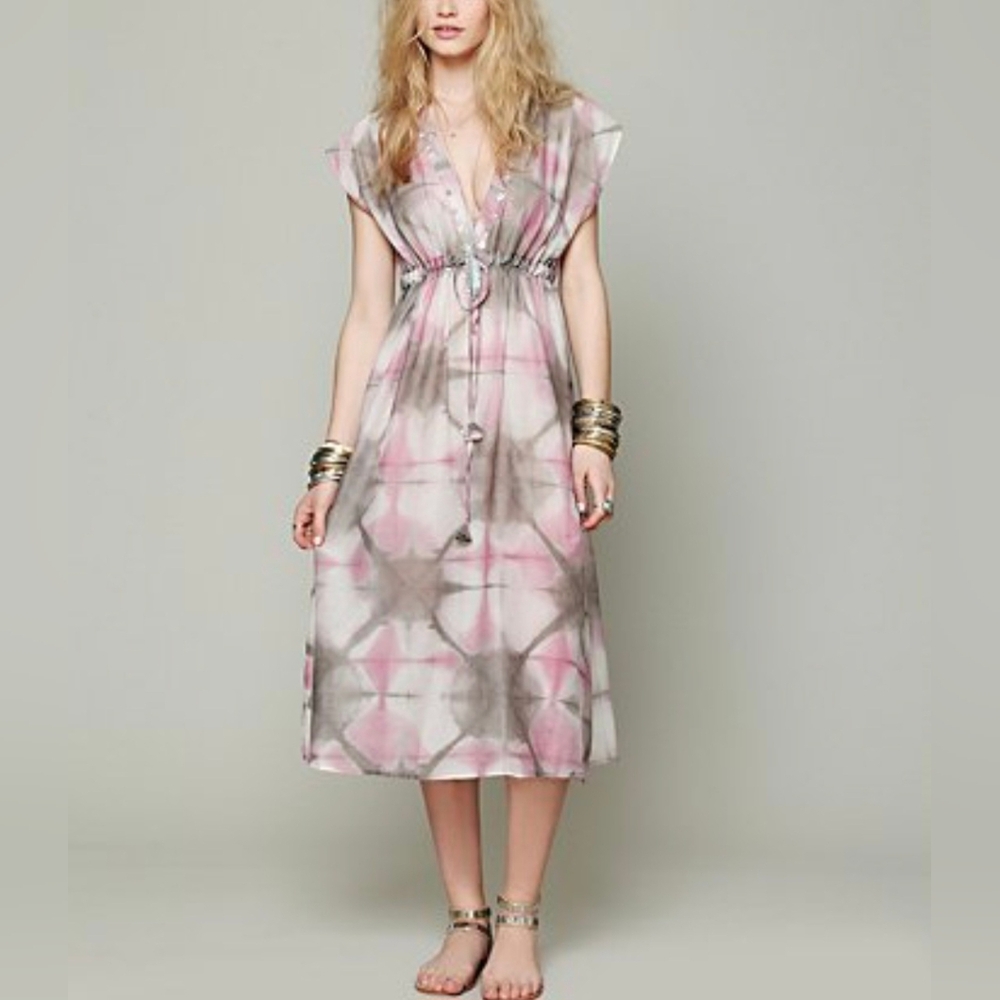 Maheya Free People Dress Pink Beige Silk Blend Midi Size M